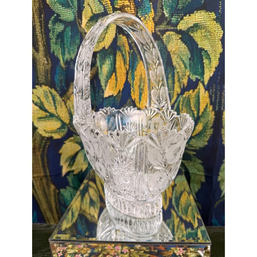 Vintage Cut Crystal Glass Basket Etched Floral Starburst Centerpiece 10.5 inch